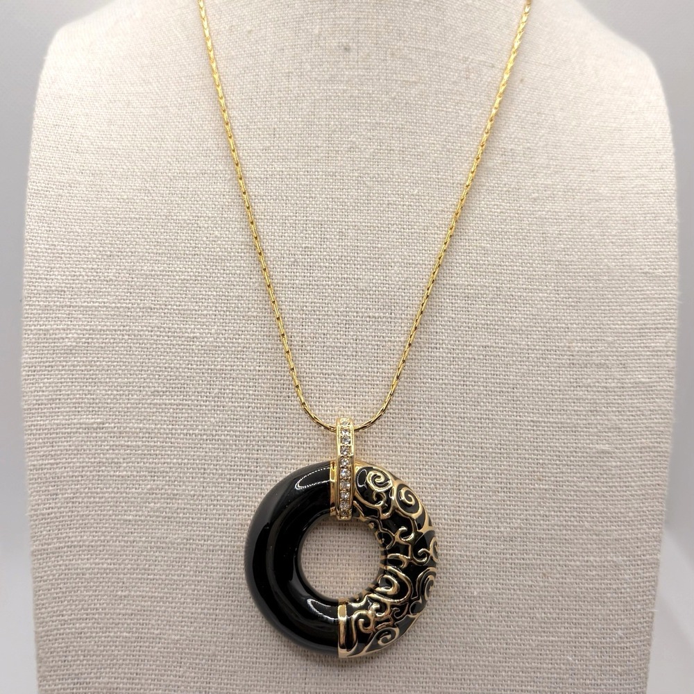 Camrose & Kross Jackie Kennedy JBK Parisian Circle Black Enamel Crystal Necklace